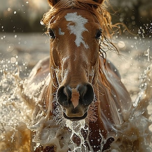 Könnte beinhalten: Ein braunes und weißes Pferd mit einem weißen Stern auf der Stirn rennt durch einen flachen Wasserlauf und spritzt Wasser in alle Richtungen.