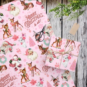 Vintage Pink Christmas Wrapping Paper | Christmas Gift Wrap | Vintage Santa Wrapping Paper | Holiday Gift Wrap | Girls Wrapping Paper Roll
