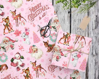 Vintage Pink Christmas Wrapping Paper | Christmas Gift Wrap | Vintage Santa Wrapping Paper | Holiday Gift Wrap | Girls Wrapping Paper Roll