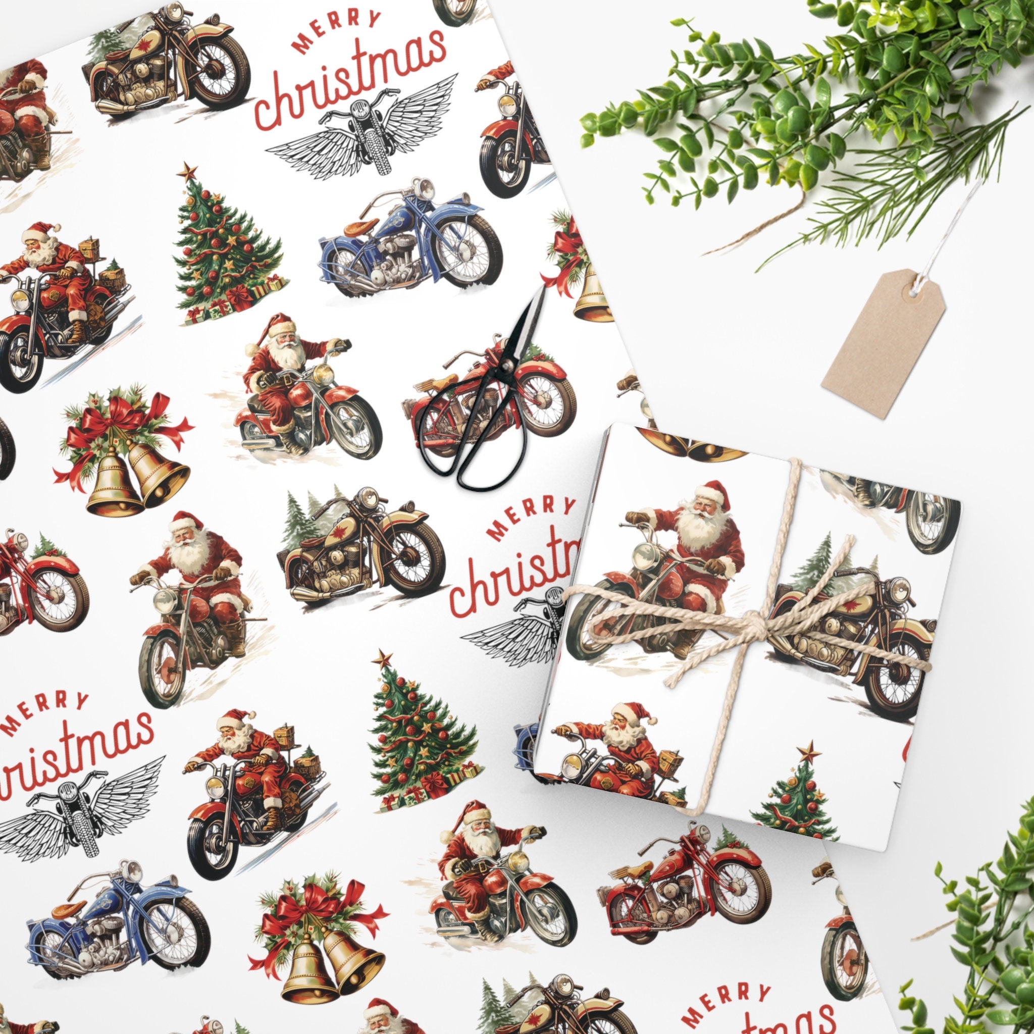 Vintage Biker Christmas Wrapping Paper ROLL Motorcycle Gift Wrap