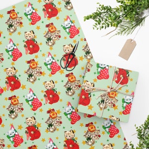 Cute Cat Christmas Wrapping Paper, Cat Lover Christmas Gift Wrap, Xmas Wrapping Paper Rolls, Vintage Christmas Wrapping Paper, Kitten