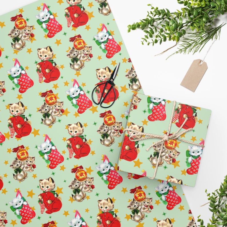 Cute Cat Christmas Wrapping Paper, Cat Lover Christmas Gift Wrap, Xmas Wrapping Paper Rolls, Vintage Christmas Wrapping Paper, Kitten
