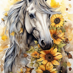 Cheval tournesol impression téléchargement numérique | Peinture cheval aquarelle | Idées cadeaux pour amateurs de chevaux | Décoration d&#39;intérieur occidentale