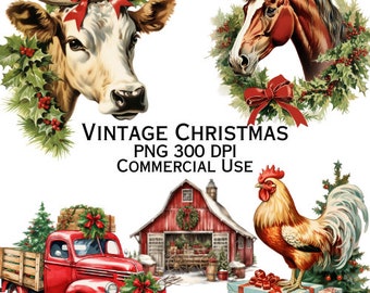Vintage Christmas Farm Clipart Bundle PNG Digital Download Horse Cow Chicken Xmas Clipart Vintage Clipart Journal Scrapbooking Ephemera