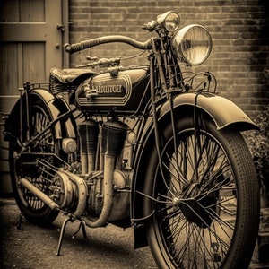 May include: A vintage black motorcycle with a chrome headlight and a chrome exhaust pipe. The motorcycle has a sidecar attached to the left side. The motorcycle is parked in front of a brick wall.