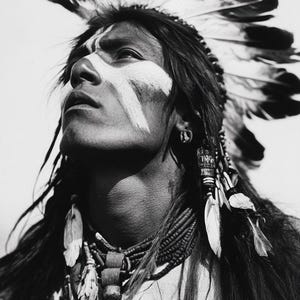 May include: A Native American man wearing a traditional headdress with feathers, a beaded necklace, and white paint on his face. He is looking upwards and has long black hair.