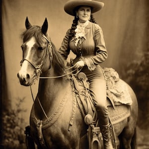 Könnte beinhalten: Sepiafarbene Abbildung einer Person, die ein Pferd reitet und einen Cowboyhut und ein passendes Outfit trägt. Das Pferd hat ein hellbraunes Fell mit einem weißen Abzeichen. Der Reiter trägt einen hellen Hut, eine Jacke und eine Hose mit einem weißen Schal und Stiefeln.