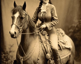 Impresión fotográfica vintage de vaquera / Fotografía antigua del oeste (descarga digital)