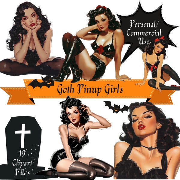 Halloween Gothic Clipart PNG Bundle, '50s Transparent PNG, Goth Pinup Clipart, Instant Download, Junk Journal Paper Craft Commercial Use