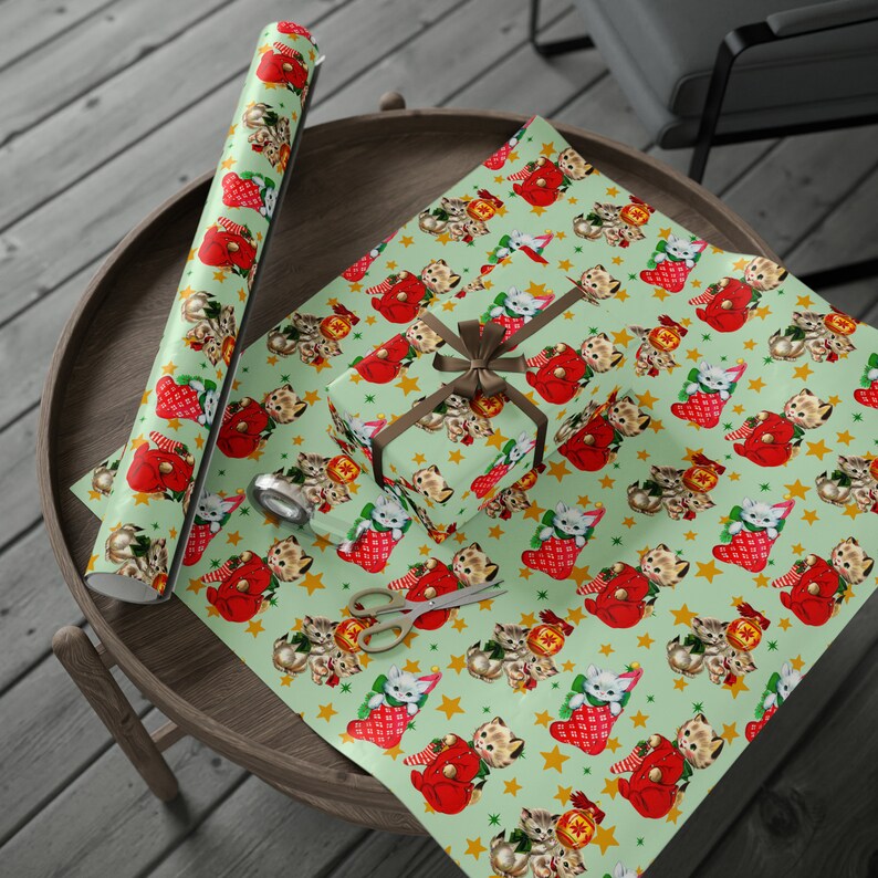 Cute Cat Christmas Wrapping Paper, Cat Lover Christmas Gift Wrap, Xmas Wrapping Paper Rolls, Vintage Christmas Wrapping Paper, Kitten