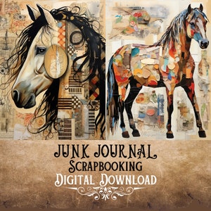 Paard collage kunst, scrapbooking digitaal, digitaal papier, digitale download PNG, digitale paard kunst, scrapbook papier, ephemera, paard schilderen