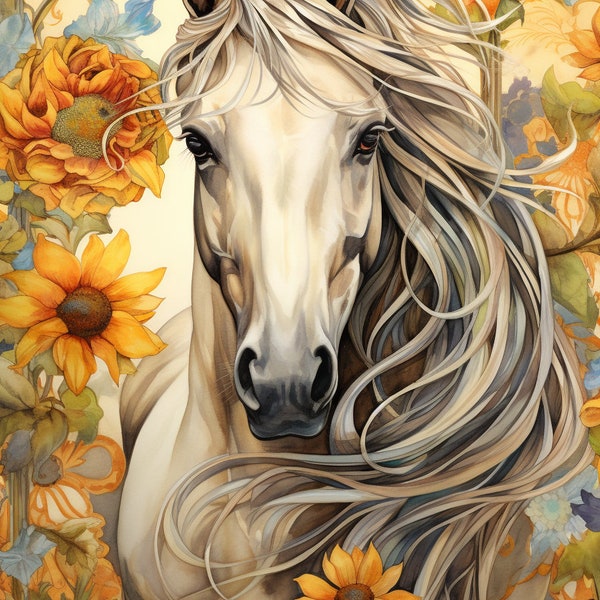 Sunflower Horse Digital Download Print  | Watercolor Horse Painting | Horse Lover Gift Ideas | Western Home Decor