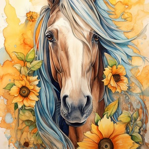 Cheval tournesol impression téléchargement numérique | Peinture cheval aquarelle | Idées cadeaux pour amateurs de chevaux | Décoration d&#39;intérieur occidentale