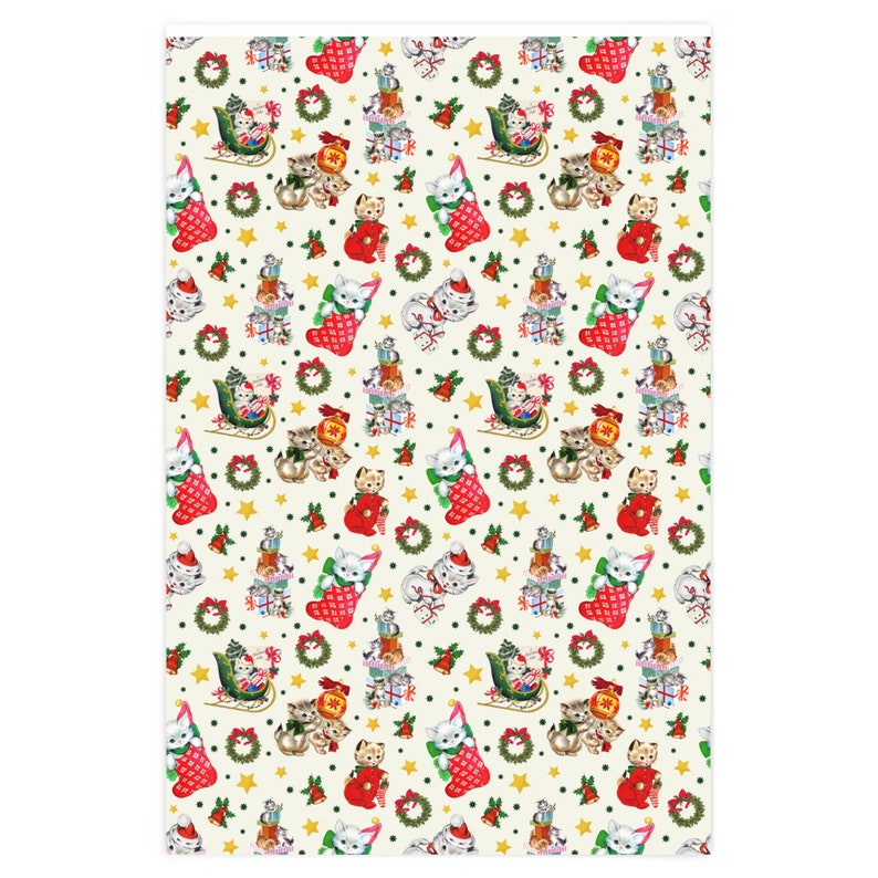 Vintage Christmas Kitty Wrapping Paper Roll, Holiday Gift Wrap image 2
