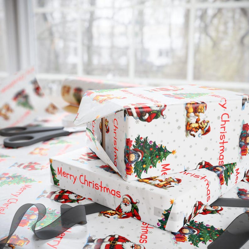 winnie the pooh, tigger, eeyore, santa clause, wrapping paper, gift wrap, gift ideas, christmas decor, christmas tree, christmas tags, christmas stocking, christopher robin