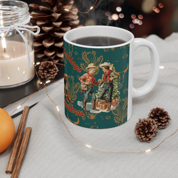 Vintage Christmas Mug, Western Cowboy Christmas Coffee Mug, Happy Holidays Merry Christmas Cups, Cowboy Coffee Cup, Kids Hot Cocoa Mugs