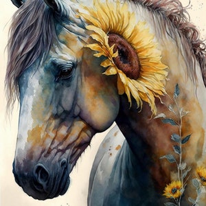 Cheval tournesol impression téléchargement numérique | Peinture cheval aquarelle | Idées cadeaux pour amateurs de chevaux | Décoration d&#39;intérieur occidentale
