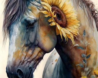 Sunflower Horse Watercolor Painting | Western Art (Digital Download)