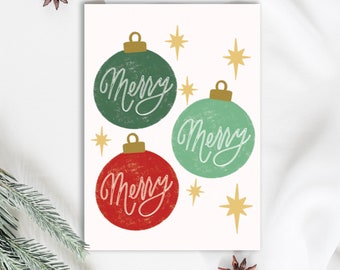 Merry Ornaments Illustrated Holiday Card Set Christmas Calligraphy, Cute Christmas Card Pack, Folded Blank Holiday Cards, Christmas Card