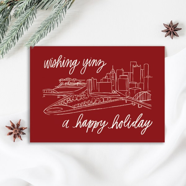 Yinz Pittsburgh Illustrated Holiday Card Set Christmas Calligraphy, Cute Christmas Card Pack, Folded Blank Holiday Cards, Christmas