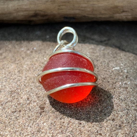 Red Genuine Sea Glass Bead Handcrafted Silver Wire Wrapped Etsy