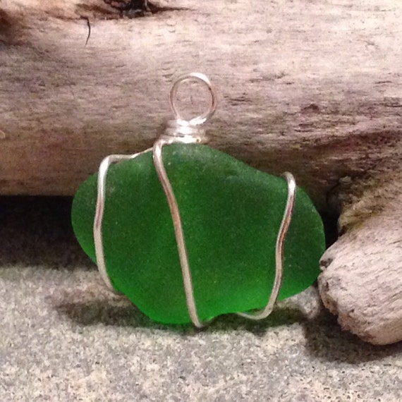 Items similar to Green Genuine Sea Glass Handcrafted Silver Wire ...