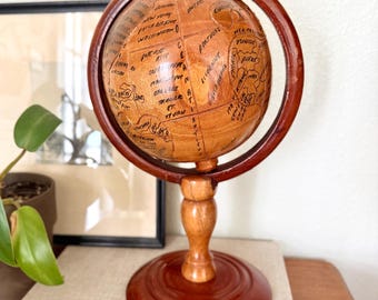 Hand Carved Wooden Globe | Haitian Folk Art | Old World Map Desk Decor