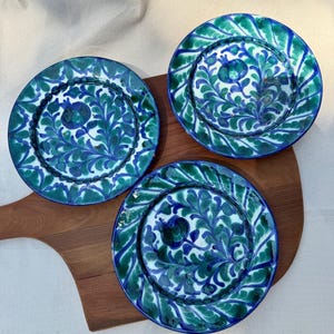 Set of 3 Fajalauza Terracotta Plates – Handmade Spanish Pottery, Blue & Green Floral Design, Decorative