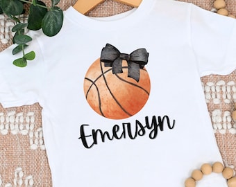 Camiseta con lazo de baloncesto personalizada, camiseta deportiva para niña, traje de baloncesto para niños, otoño femenino, linda camiseta de baloncesto, lazo para el pelo, día del juego, lazo