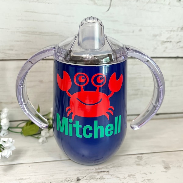 Crab Sippy Cup Personalized with Name / Stainless Steel Toddler Cup, Boy Gift For Beach, Ocean Gift, Little Boy Gift, Beach Animals, Custom