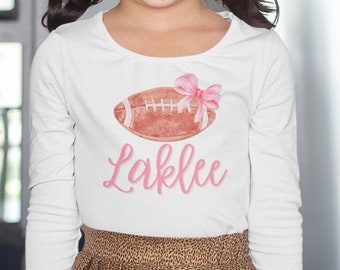 Custom Football Bow Long Sleeves T-Shirt, Girl Sports Shirt, Football, Kids Football Outfit, Girly Fall, Cute Football Tee, Hair, Game Day