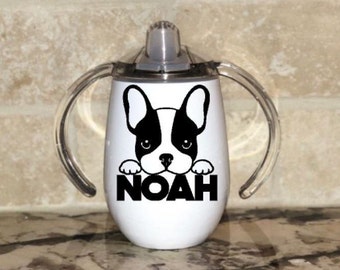 French Bulldog Sippy Cup Personalized with Name / Puppy Stainless Steel Toddler Cup / Birthday Gift / Training Cup / Handle / 12oz