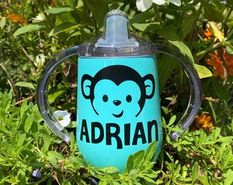 Monkey Sippy Cup Personalized with Name, Animal Stainless Steel Toddler Cup, Zoo Birthday Gift, Training Cup, Boy Cup, Girl Cup, Monkey Face