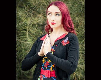 Rockabilly, Glow-in-the-dark Praying Skeleton Hands Tattoo Cardigan