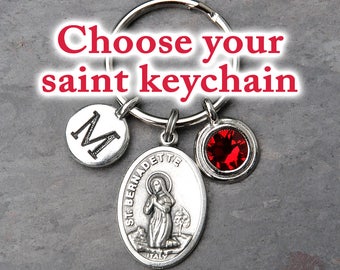 Choose Your Catholic Saint Keychain - Personalized Letter - Crystal Birthstone - Key Chain Gift for Women or Men