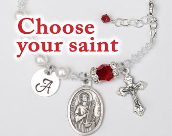 Confirmation Gift for Girls or Teens - Choose Your Catholic Saint - Red and White Personalized Crystal Rosary Bracelet