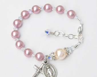 Baptism Gift for Girls - Rosary Bracelet in Dusty Rose Pink and Cream Crystal Pearls - Personalized Catholic Christening Gift