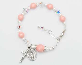 Baptism Gift for Baby Girl - Light Coral Pearl and Sparkly Crystal Rosary Bracelet - Personalized Initial - Catholic Christening