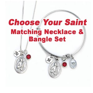 Confirmation Gift for Girls Teens Women, Choose Your Catholic Saint, Personalized Bangle Bracelet and Necklace Set, Birthstone and Initial