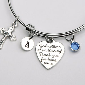 Pulseira Madrinha - Letra Personalizada, Pedra de Nascimento/Pérola e Pingente - Pulseira Expansível Ajustável de Aço Inoxidável - Presente Católico