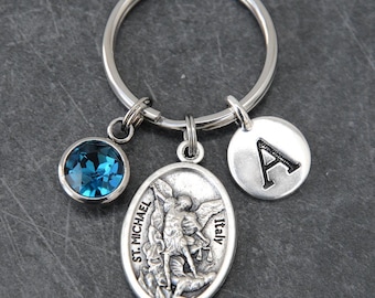 Saint St Archangel Michael Keychain with Initial, Birthstone Option, Protector, Police Officer, Spouse of Police, Military Key Chain Gift