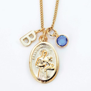 Gold Tone Saint St Gerard Necklace, Personalized Initial/Birthstone, Pregnancy, Fertility Gift for Mothers to Be, Safe Baby Delivery
