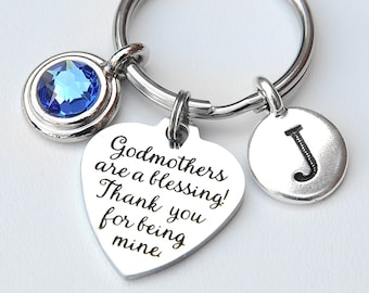 Gift for Godmother - Personalized Keychain - Personalized Letter and Crystal Birthstone - Godmothers are a blessing Key Chain Gift