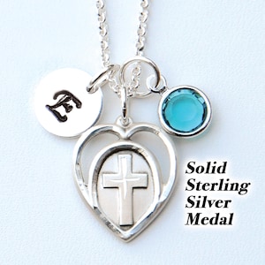 First Holy Communion Gift for Girls - Personalized Sterling Silver Heart with Cross Necklace - Birthstone or Pearl -Religious Gift for Women