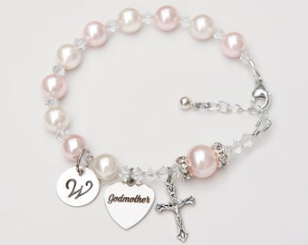 Will You Be My Godmother - Rosary Bracelet Pink White - Godmother Godparent Gift Idea - Crystal Pearl - Baby Girl Baptism