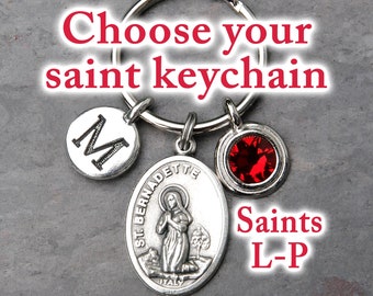 Choose Your Catholic Saint Keychain - Saints Beginning with Letters L-P - Initial - Optional Birthstone - Key Chain Gift for Women or Men