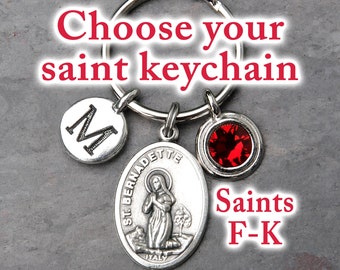 Choose Your Catholic Saint Keychain - Saints Beginning with Letters F-K - Initial - Optional Birthstone - Key Chain Gift for Women or Men