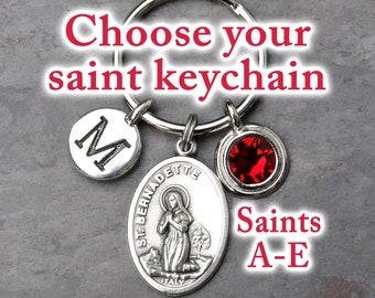 Choose Your Catholic Saint Keychain - Saints Beginning with Letters A-E - Initial - Optional Birthstone - Key Chain Gift for Women or Men