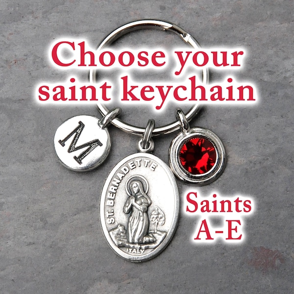 Choose Your Catholic Saint Keychain - Saints Beginning with Letters A-E - Initial - Optional Birthstone - Key Chain Gift for Women or Men
