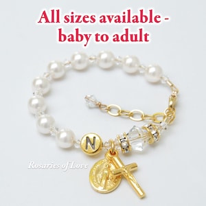Baptism Gift for a Girl/All Sizes Baby to Adult: Gold Tone Rosary Bracelet, Clear Crystals, White Pearls, Communion, Godmother, Wedding Gift